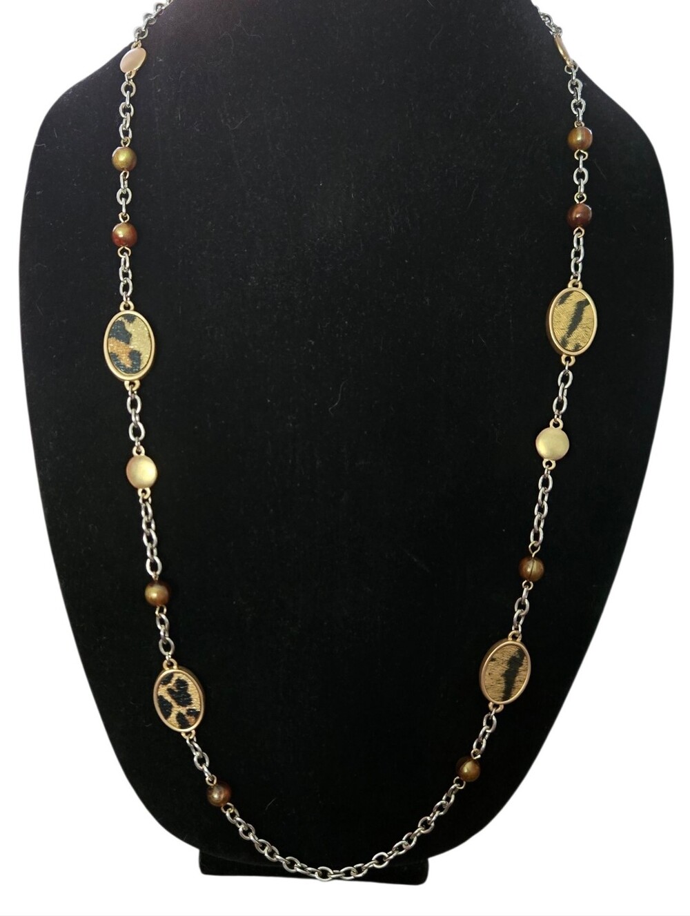 Gold Accent Long Chain Necklace with Brown Beads & Animal Print 32"